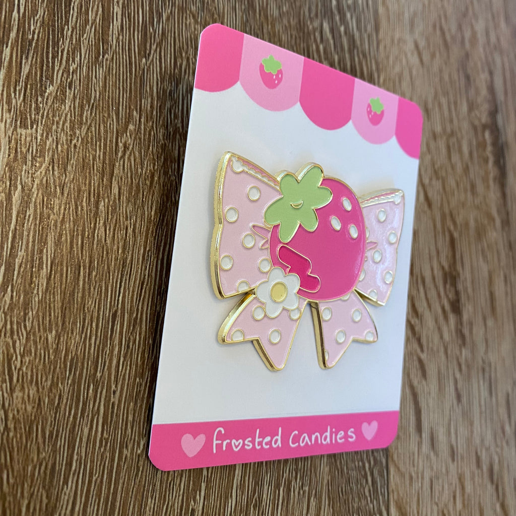 strawberry ribbon enamel pin