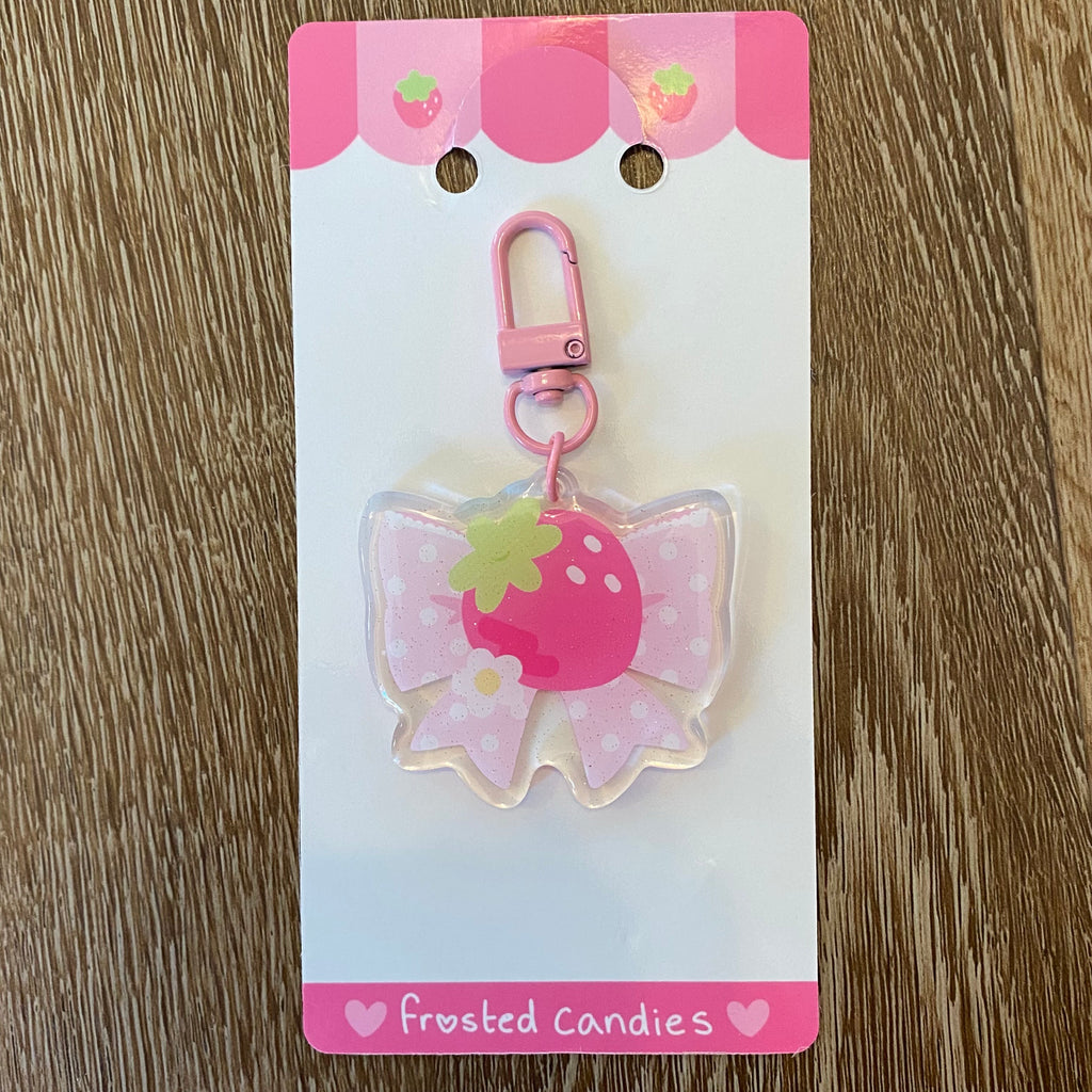 strawberry ribbon acrylic glitter keychain