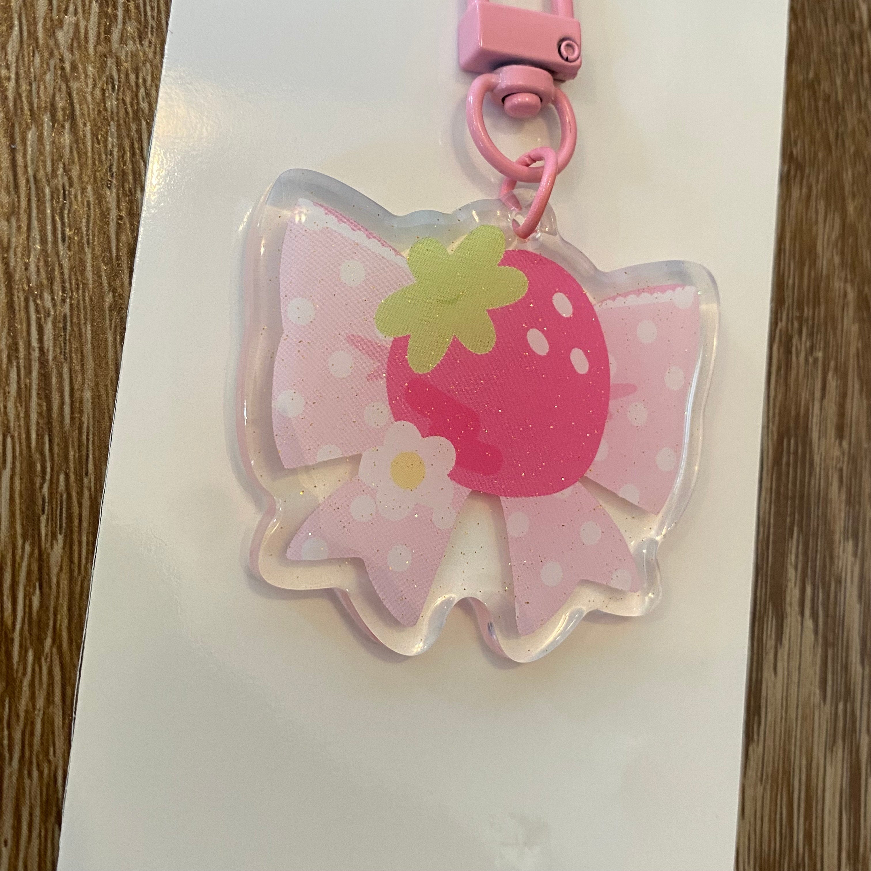 strawberry ribbon acrylic glitter keychain