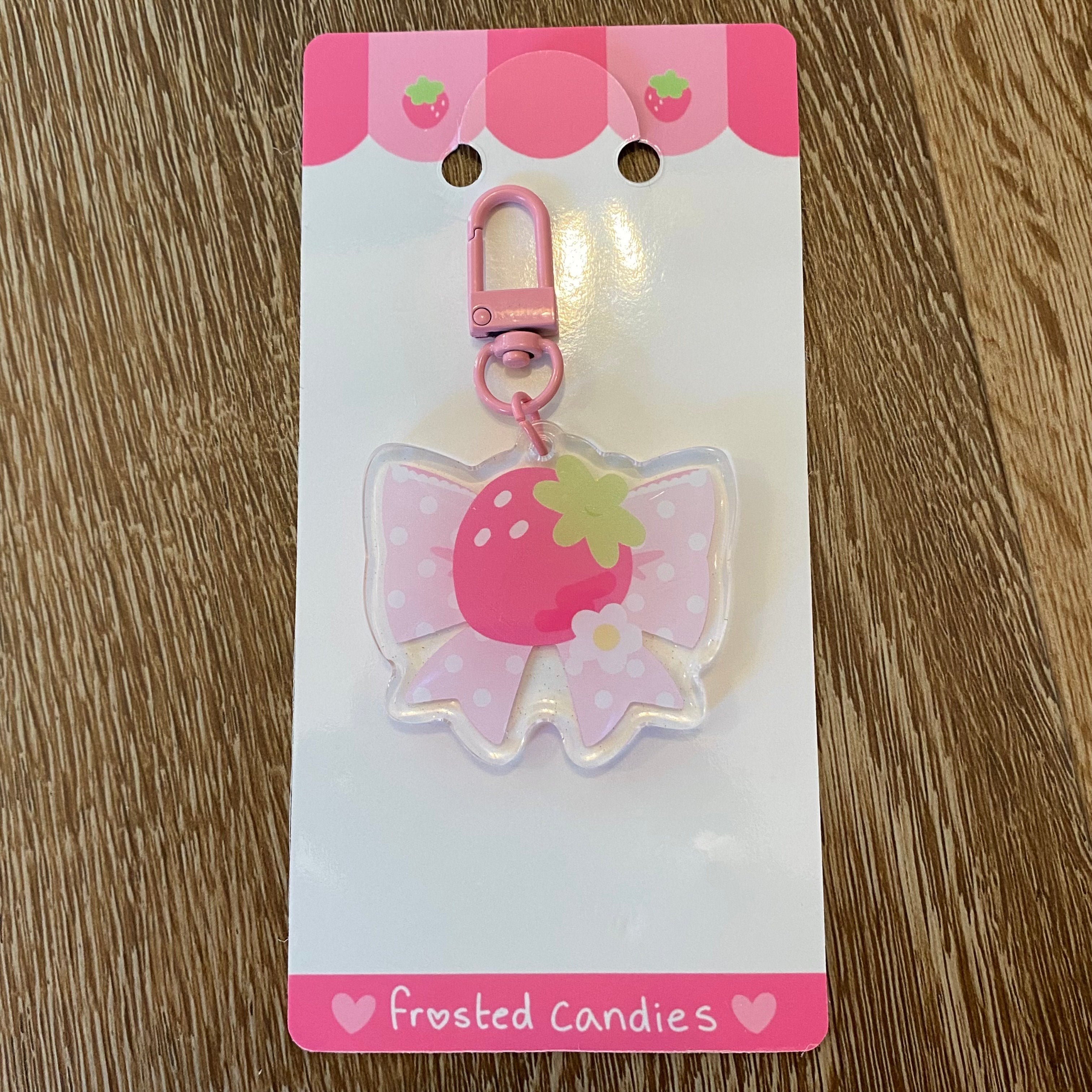 strawberry ribbon acrylic glitter keychain